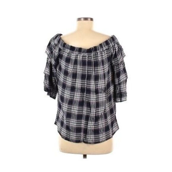 Francesca's Blue Rain Plaid Off Shoulder Ruffle Sleeve Blouse Navy Medium NWT - Picture 2 of 6
